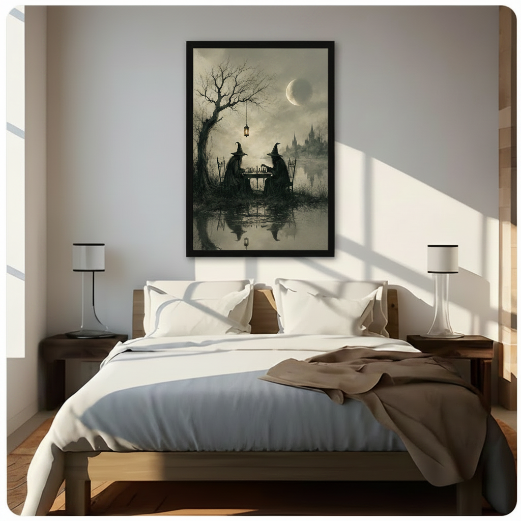 Gothic witches chess game under crescent moon misty castle dark fantasy framed print above bed in bright minimalist bedroom with wooden nightstands and white bedding