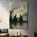 Two witches in pointed hats playing chess under crescent moon misty lake gothic fantasy canvas wrap print hanging in contemporary grey living room