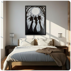 Black framed gothic witch silhouette wall art canvas hung above a dark wood bed with white linen bedding in a sunlit neutral bedroom with warm diagonal natural light and shadow