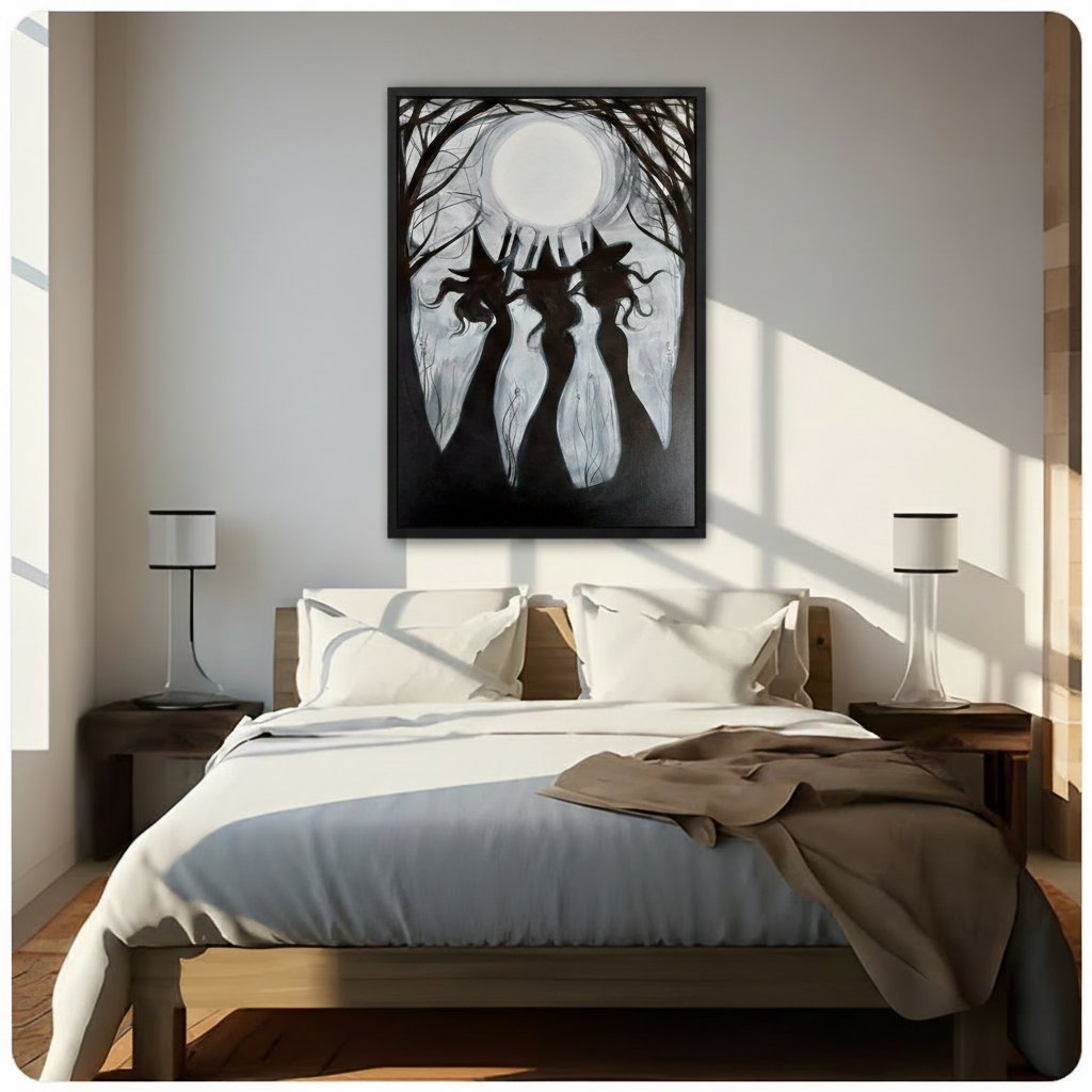 Black framed gothic witch silhouette wall art canvas hung above a dark wood bed with white linen bedding in a sunlit neutral bedroom with warm diagonal natural light and shadow