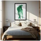 Abstract green greyhound silhouette framed poster above bed in bright minimalist bedroom with warm natural light – modern dog art decor