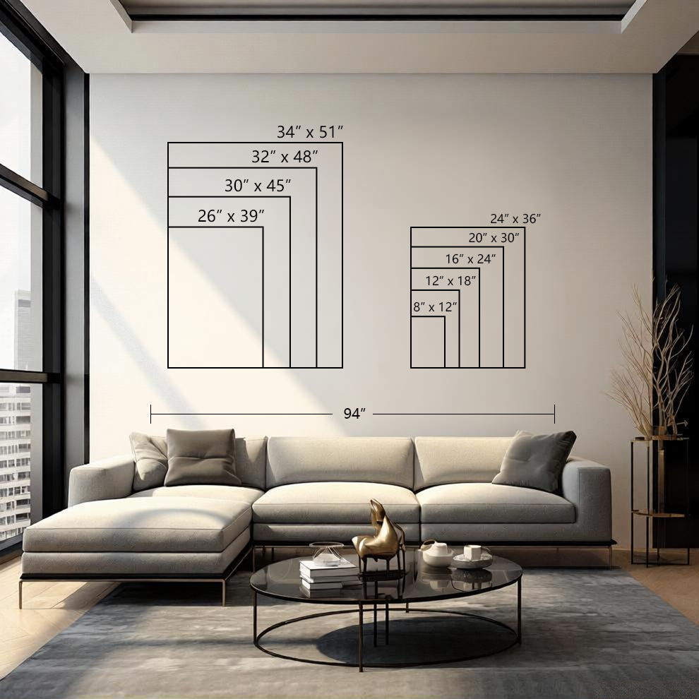 Canvas wall art size guide showing all 9 available sizes from 8x12 to 34x51 inches for greyhound coffee print