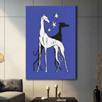 Canvas wrap wall art featuring white and black greyhound pair with stars on cobalt blue, gallery wrapped, hung on dark wall