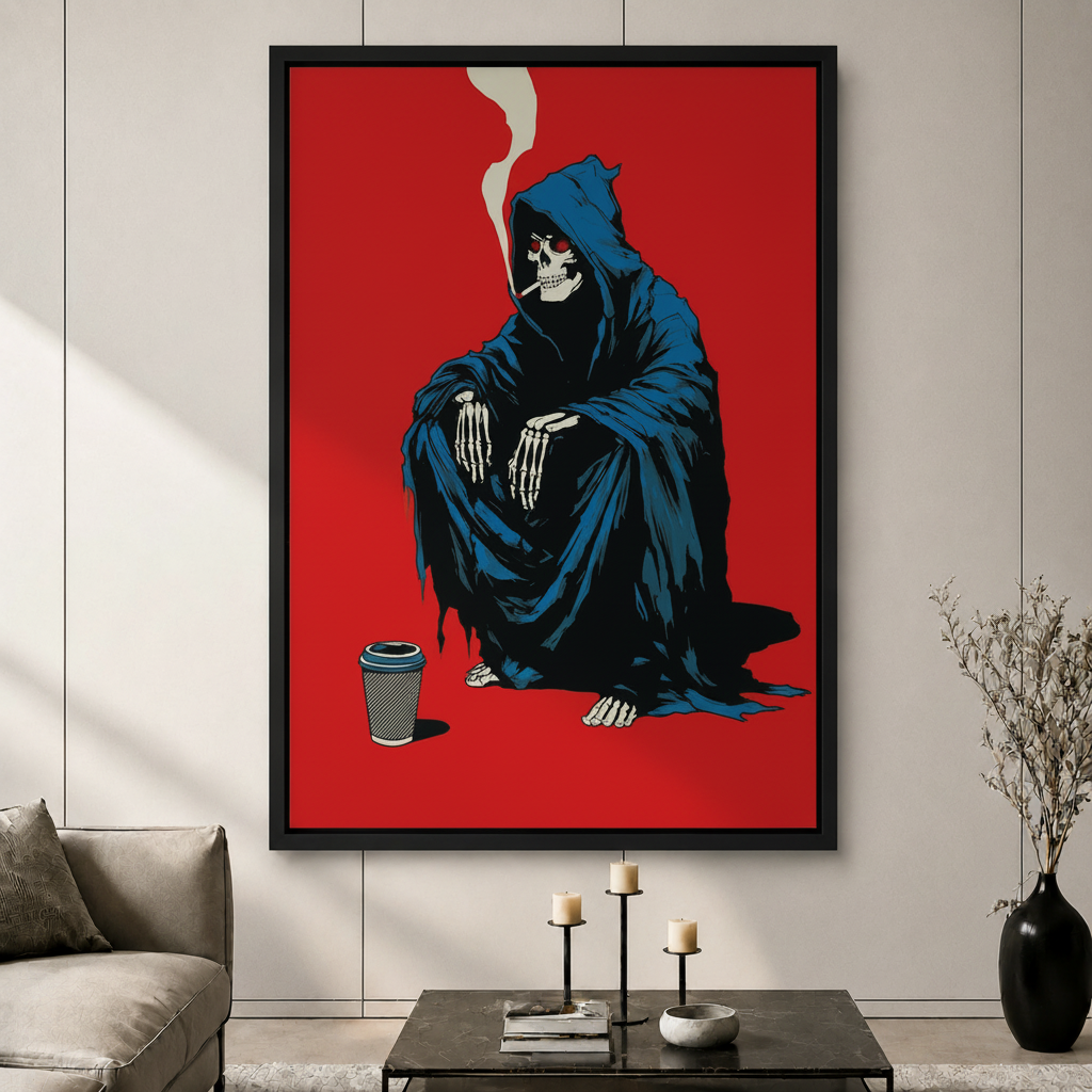 Black framed pop art canvas wall art of a grim reaper skeleton in a blue hooded robe smoking a cigarette with a coffee cup on a bold red background, displayed above a dark marble coffee table in a contemporary living room