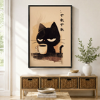 Gallery-wrapped canvas of a sleepy black cat clutching a coffee cup with Japanese やれやれ text on warm beige background hung above a white sofa in a cozy living room