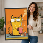 Smiling woman holding a large black-framed canvas print of a grumpy yellow cat with a pink coffee cup, showing print size, frame quality, and vibrant cartoon illustration detail up close