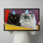 grumpy cats party hats canvas print hands holding black frame gift idea