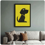 Black framed grumpy dog yellow background canvas print hanging above a cream sofa on a sage blue-grey living room wall