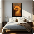 Black framed funny grumpy orange cat portrait canvas wall art hung above a dark wood bed with white linen bedding in a sunlit neutral bedroom with warm diagonal light and glass table lamps