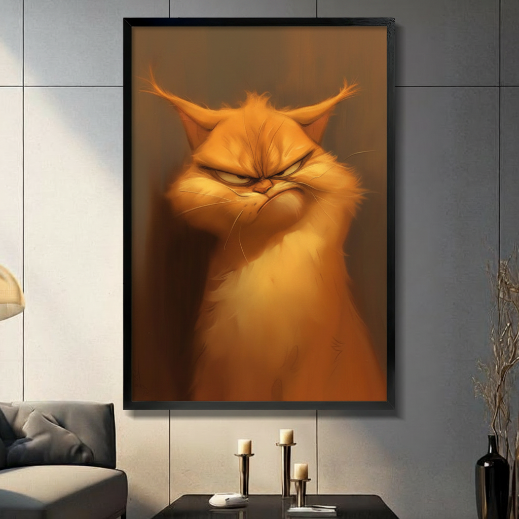 Black framed grumpy orange cat oil painting canvas wall art displayed in a modern dark gray living room with candlesticks and tall black decorative vase
