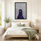 Humorous dark pigeon "Eat?" framed canvas wall art above bed as statement piece in neutral Scandinavian bedroom