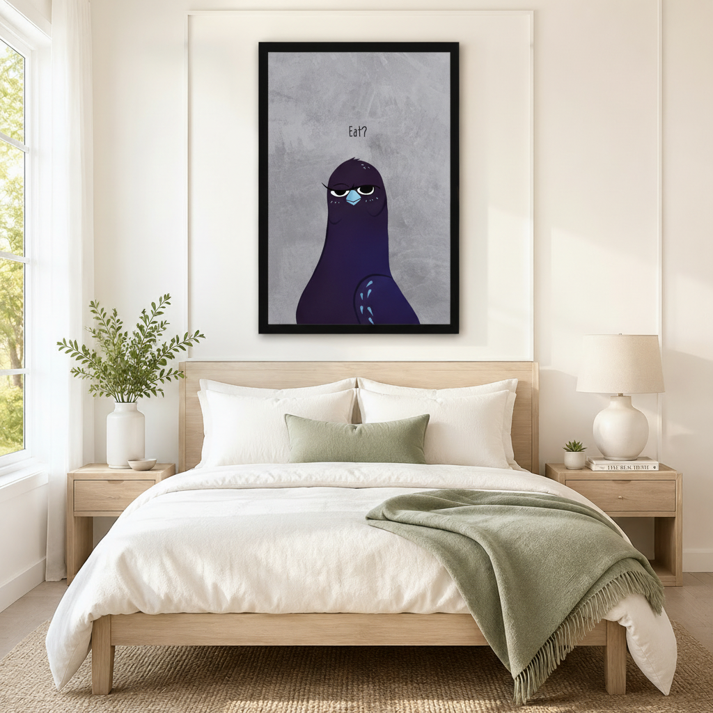 Humorous dark pigeon "Eat?" framed canvas wall art above bed as statement piece in neutral Scandinavian bedroom