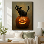 Gallery wrap canvas wall art featuring a black witch cat sitting on a lit jack-o-lantern, hung above a white sofa in a cozy Scandinavian living room
