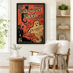 Vintage-style Halloween Haunt framed poster beside a linen armchair in a Scandinavian reading nook – retro haunted house ghost print home decor