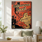Retro Halloween Haunt gallery-wrapped canvas print hanging above a white sofa – vintage orange ghost and black cat spooky wall art for living room