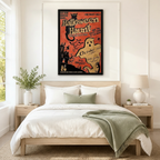 Retro Halloween Haunt framed wall art hung above a neutral-toned bed in a minimalist bedroom – vintage orange spooky ghost poster for Halloween decor