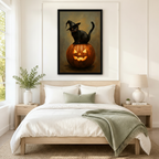 Large framed Halloween canvas art of a black cat wearing a witch hat seated on a glowing jack-o-lantern pumpkin, hung above a neutral linen bed in a minimalist Scandinavian bedroom