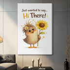 Gallery wrap stretched canvas of a cute fluffy brown chick with daisy hair clip holding a large sunflower and Hi There quote hung frameless on a dark gray wall above a black coffee table with gold candlesticks