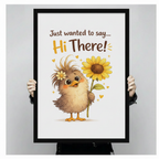 Two hands holding a large black framed Just Wanted to Say Hi There cute chick with sunflower canvas art print with white background and yellow heart accents, front-facing vertical product size display