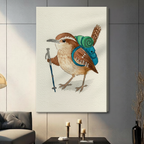 Gallery wrapped canvas of a whimsical hiking wren watercolor illustration showing a small brown bird with a teal backpack and rolled sleeping mat, hung on a grey wall in a contemporary living room setting