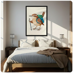 Framed whimsical hiking bird canvas art hung above a bed in a sunlit Scandinavian-style bedroom, featuring a warm brown Carolina wren with a teal backpack and blue trekking pole on a soft cream watercolor background