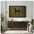 Large framed horse silhouette wall art with martini glasses on olive green canvas, styled above walnut sideboard in mid-century modern living room