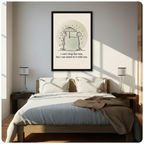 Minimalist stick figure couple wall art print in black frame displayed above bed in bright Scandinavian bedroom — romantic quote art for couples