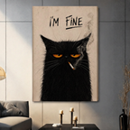 Unframed I'm Fine black cat smoking canvas print - edgy humor wall art with scruffy black cat golden eyes and handwritten text on aged beige background for modern home decor