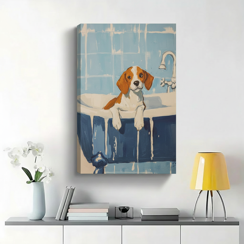 Beagle in Bathtub Wall Art - Cute Dog Bath Time Illustrated Canvas Print|W1430