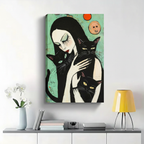 Gothic Witch with Three Black Cats Wall Art - Expressionist Canvas Print|W1416