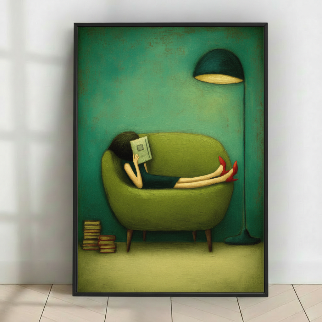 Cozy Reader Girl Green Sofa Whimsical Canvas Art