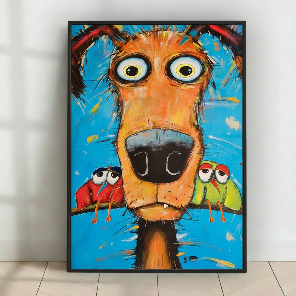 Crazy Dog & Birds – Colorful Street Art Canvas Print