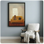 Framed impressionist dog on sofa canvas art displayed in warm living room interior