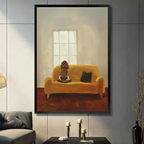 Impressionist dog on sofa framed canvas art — warm oil painting style with golden yellow tones