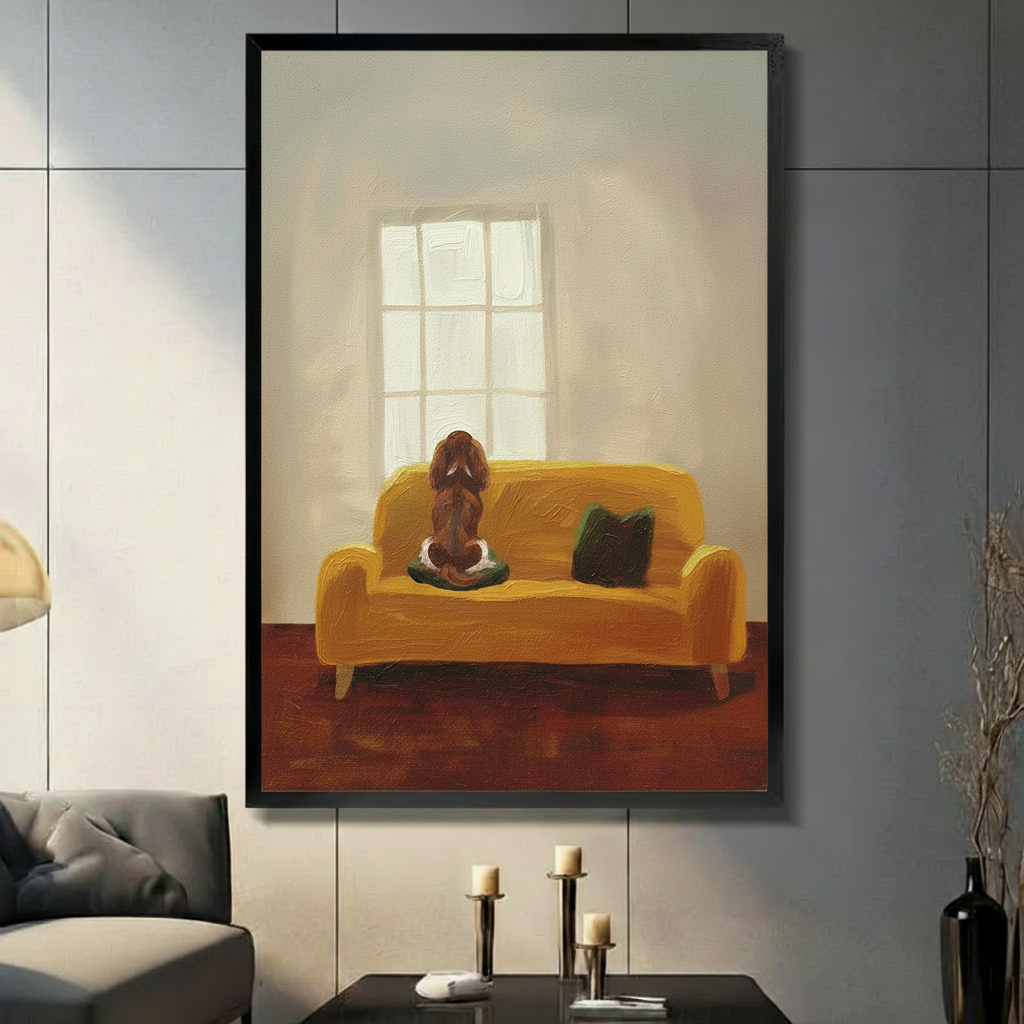 Impressionist dog on sofa framed canvas art — warm oil painting style with golden yellow tones