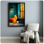Black framed impressionist orange fluffy cat with open book oil painting wall art hanging above a white wooden armchair with a draped linen throw blanket against a soft blue-gray wall