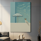 Frameless canvas wrap of Jack Russell terrier sitting beside striped beach umbrella, coastal minimalist dog wall art on grey living room wall