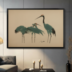 Japanese red-crowned crane ink painting framed canvas art displayed in modern living room, wall decor above sofa