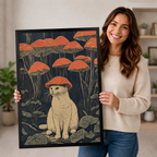 Smiling woman holding large framed canvas art print of a white cat in red mushroom hat surrounded by dark forest mushrooms in Japanese woodblock style