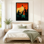 Framed retro jazz music wall art of silhouetted band members performing under a glowing pendant light with a deep orange and black color palette, displayed above a neutral linen bed in a serene Scandinavian bedroom