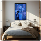 Black framed deep blue jellyfish swarm with silhouette figures canvas print displayed above a wooden bed in a bright minimalist bedroom