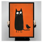  Person holding a black framed minimalist black cat with a small bird on its tail against a bright orange background, full front view of bold whimsical animal illustration wall art poster print against a light grey backdrop