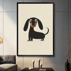 Black framed minimalist dachshund canvas wall art with beige background displayed in a modern dark gray living room with candlesticks and tall black vase