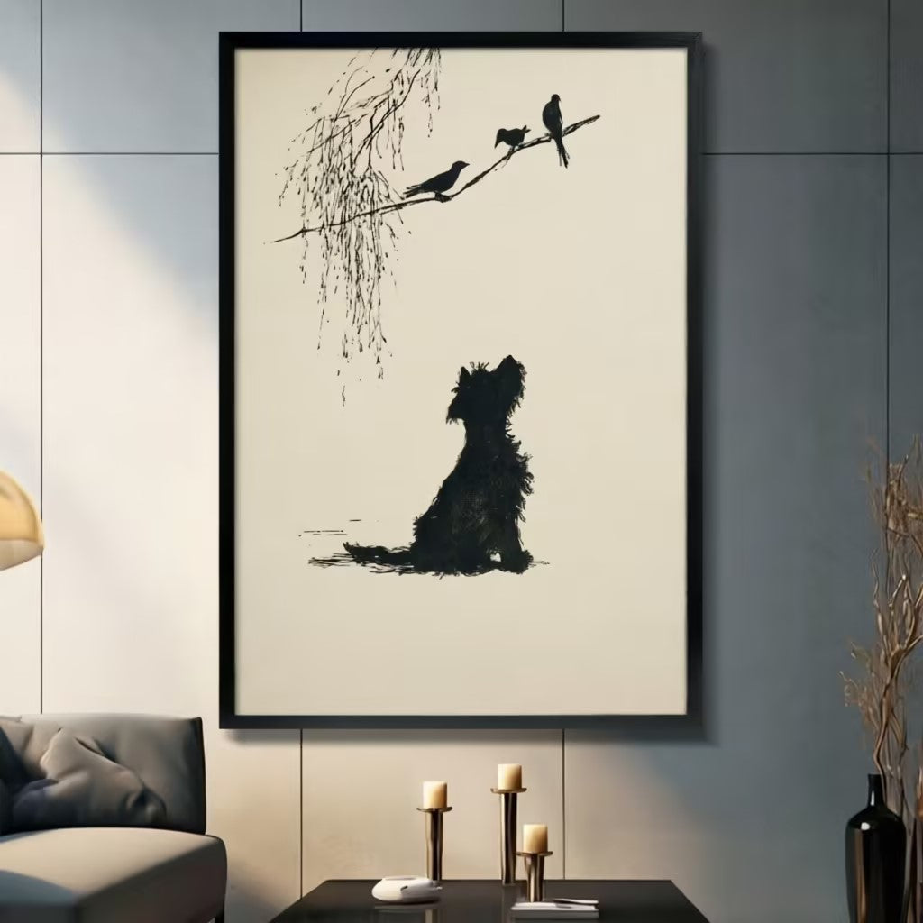 Minimalist ink-style terrier dog silhouette gazing at three birds on willow branch black framed canvas art on a dark gray paneled wall above a gray sofa with pillar candle holders and a black decorative vase