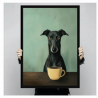 Minimalist greyhound dog and coffee cup framed art print held up against a light gray backdrop, whimsical pet portrait wall art in a deep black frame on mint green background