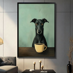 Framed minimalist greyhound dog with coffee cup wall art in deep black frame on a mint green background, whimsical pet portrait print in a modern living room with dark leather sofa, candle holders and black vase
