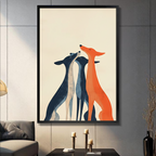 Framed minimalist wall art print of three elegant greyhounds in navy blue and orange tones on a cream background, displayed above a console table in a modern living room