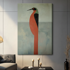 Stretched canvas wall art featuring a geometric long-necked heron in earthy red and green tones hung in contemporary living room