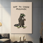 Gallery wrapped canvas of a cool raccoon on a green skateboard holding coffee with whimsical quote, unframed wall art in a contemporary living room setting