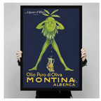 Montina Albenca vintage olive oil advertisement framed art print – classic Italian retro poster with green olive figure – premium wall art gift for kitchen or dining room decor